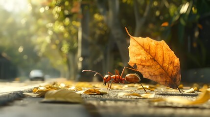 Ant carries large leaf along sidewalk - Powered by Adobe