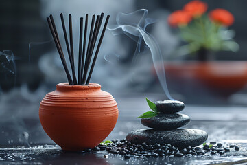 Aroma reed diffuser bottle home fragrance with rattan sticks, Incense sticks smoldering on wooden table in room. Space for text