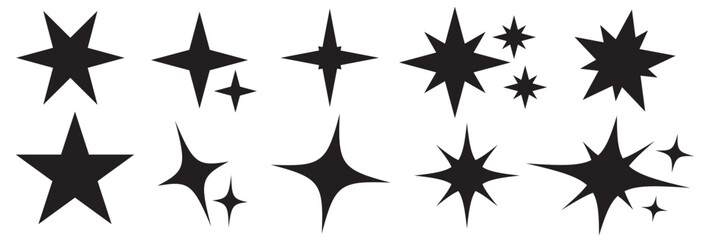 Sparkling stars composition. Glowing black star stencil, isolating various sparkling elements. Twinkle star, Minimalist silhouette stars icon, twinkle star shape symbols.