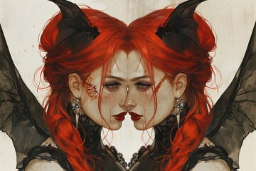 Scarlet Enigma: Symmetrical Vampire Woman with Batwings and Piercing Gaze