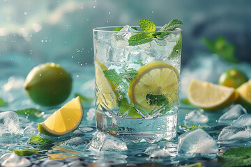 Glasses of water with mint on pastel blue. One shot for time. Close up. Copy space. Water balance for healthy.