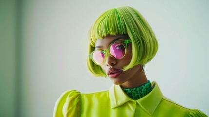 Studio portrait of a woman wearing green neon wig and futuristic sunglasses