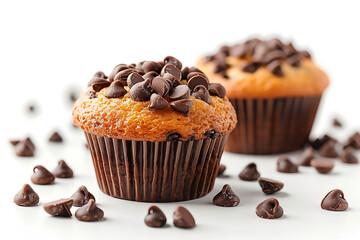 Delicious sweet muffins with chocolate chips on table, closeup