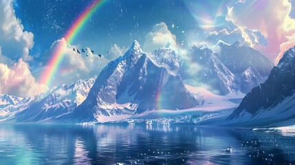 Beautiful view of glacier mountain landscape on the ocean coast sky with rainbow