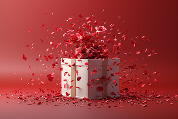 Open gift box and many small hearts on dark background