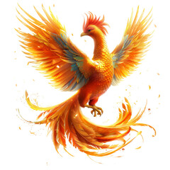 A vibrant phoenix bird with fiery feathers in mid-flight, symbolizing rebirth transparent background, PNG