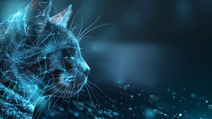 Neural network of a cat brain with big data and artificial intelligence circuit board in the head of a blue feline, outlining concepts of a digital brain, computer Generative AI stock illustration