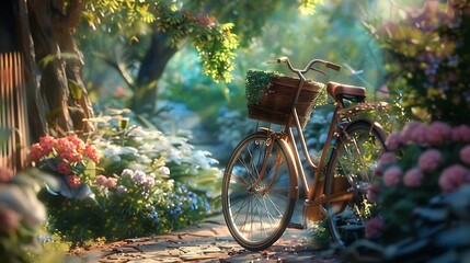 Fototapeta premium Bicycle with basket next to a garden