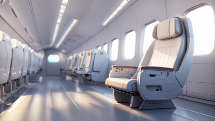 An empty airplane cabin with white seats and large windows.

