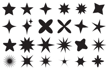 Sparkling stars composition. Glowing black star stencil, isolating various sparkling elements. Twinkle star, Minimalist silhouette stars icon, twinkle star shape symbols.