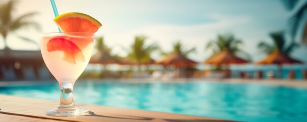 Refreshing watermelon drink by the pool on a sunny day.