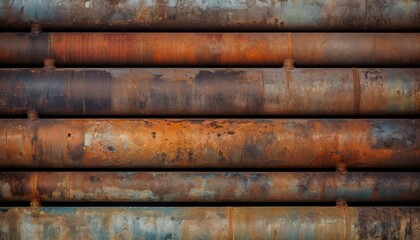 Fototapeta premium Rusty metal pipes arranged in a vertical pattern, showing signs of wear and age.