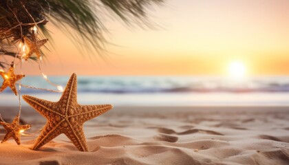 Starfish and Christmas lights adorn a sandy beach at sunset.  A perfect holiday image for cards, social media, and more.