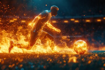 Man Kicking Soccer Ball on Field. Generative AI