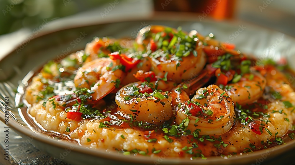 Wall mural a dish of shrimp and grits with a spicy sauce. - Wall murals