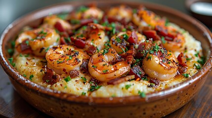 A dish of shrimp and grits with bacon.