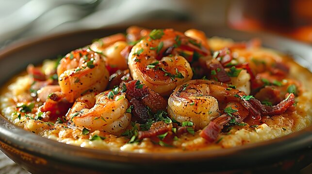 A dish of shrimp and grits with bacon.