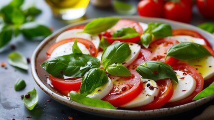 Caprese salad with mozzarella cheese fresh tomatoes basil leaves and olive oil