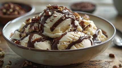 A photo of a bowl of homemade vanilla ice cream topped with a warm chocolate fudge sauce and a sprinkle of chopped nuts.