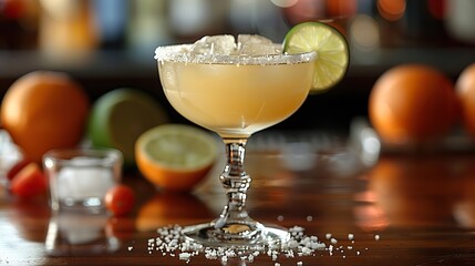 A photo of a classic Margarita cocktail made with tequila, lime juice, and orange liqueur, served in a salt-rimmed glass.