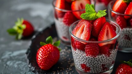 Chia pudding with strawberries and chokeberry served in glasses closeup