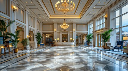 Obraz premium Grand Lobby With Chandeliers and Checkered Floor