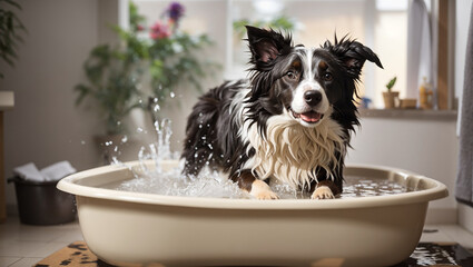 A Border Collie is standing in a bathtub full of water