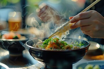 a person holding chopsticks over a bowl of food