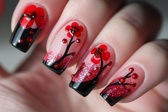 Bright blue, white manicure with stones, crystals and pattern on long sharp nails on white background close-up