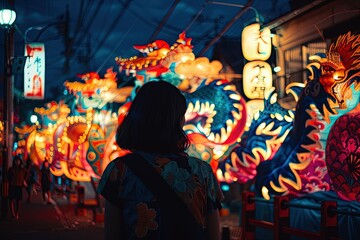 a woman standing in front of a display of chinese lanterns