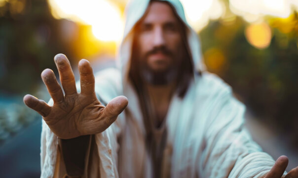 Closeup shot of Jesus Christ reaching out in serene sunset, blurred background, spiritual and compassionate gesture, seeking guidance, hope, and comfort