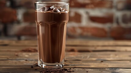 Cold chocolate milk drink wooden background closeup