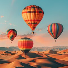 Obraz premium Hot air balloons flying over the desert at sunrise.