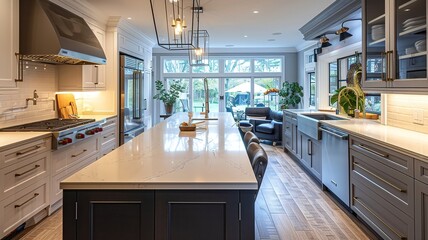 A large kitchen with a white island and a black countertop