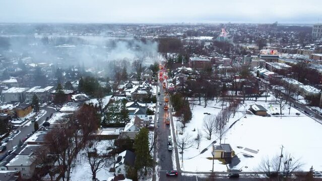 Smokes from school fire in Montreal, Canada, aerial panoramic view