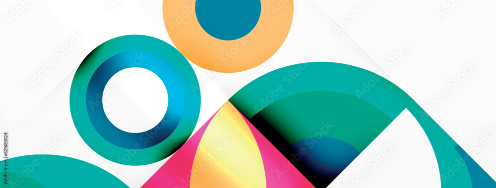 Poster A cluster of vibrant circles and triangles set against a plain white backdrop, embodying a mix of colors and shapes in an artistic display