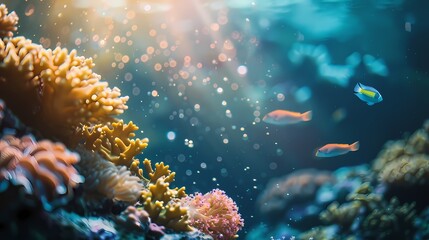A breathtaking scene of a coral reef with a variety of marine life, and a defocused background of shimmering particles -