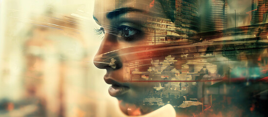 Female's contemplative face blends with a vibrant cityscape, double exposure image that evokes a futuristic and dreamlike vision.