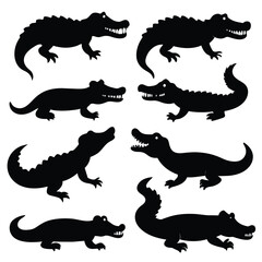 Set of Black American Alligator Silhouette Vector on a white background