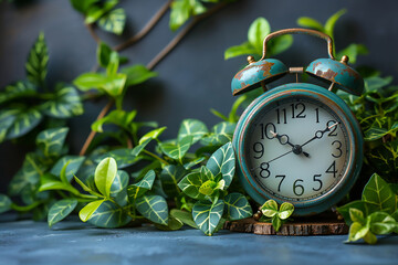 Retro and vintage clock at ten o'clock stand on stone that clover with green moss , green environment