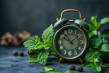 Retro and vintage clock at ten o'clock stand on stone that clover with green moss , green environment