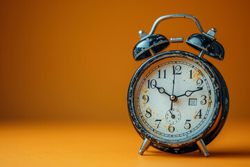 Classic round analog alarm clock on background