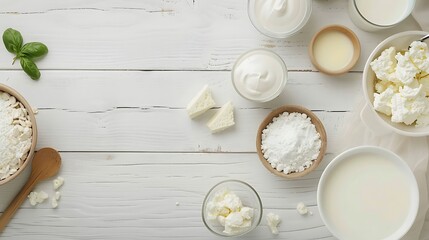 Dairy products on white wooden table