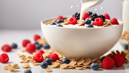 A bowl of cereal with milk being poured on it.