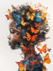 A young girl's profile with butterflies merging with her hair, creating a beautiful and surreal portrait.