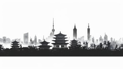 Naklejka premium Silhouettes of ancient and modern buildings in cities, with white background