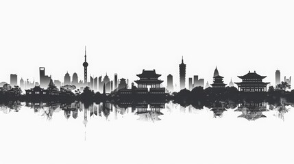 Silhouettes of ancient and modern buildings in cities, with white background