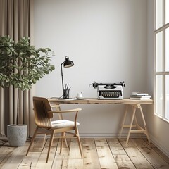 The home office is a place of work and creativity. There is a desk, a chair, a lamp, a typewriter, and a plant in the home office. The home office is decorated in a modern style.