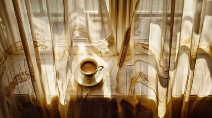   A coffee cup atop a saucer on a nearby table, beside a window with sheer curtains