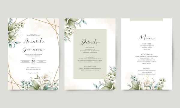 Set of elegant template wedding invitations with watercolor foliage decoration